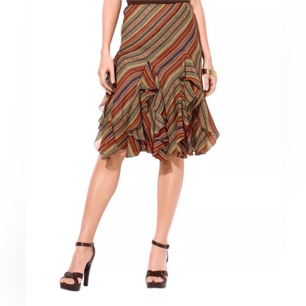 Ralph Lauren Chiffon Ruffle Skirt Sz XL Brown Red Stripe Boho Fairy Vintage Y2k